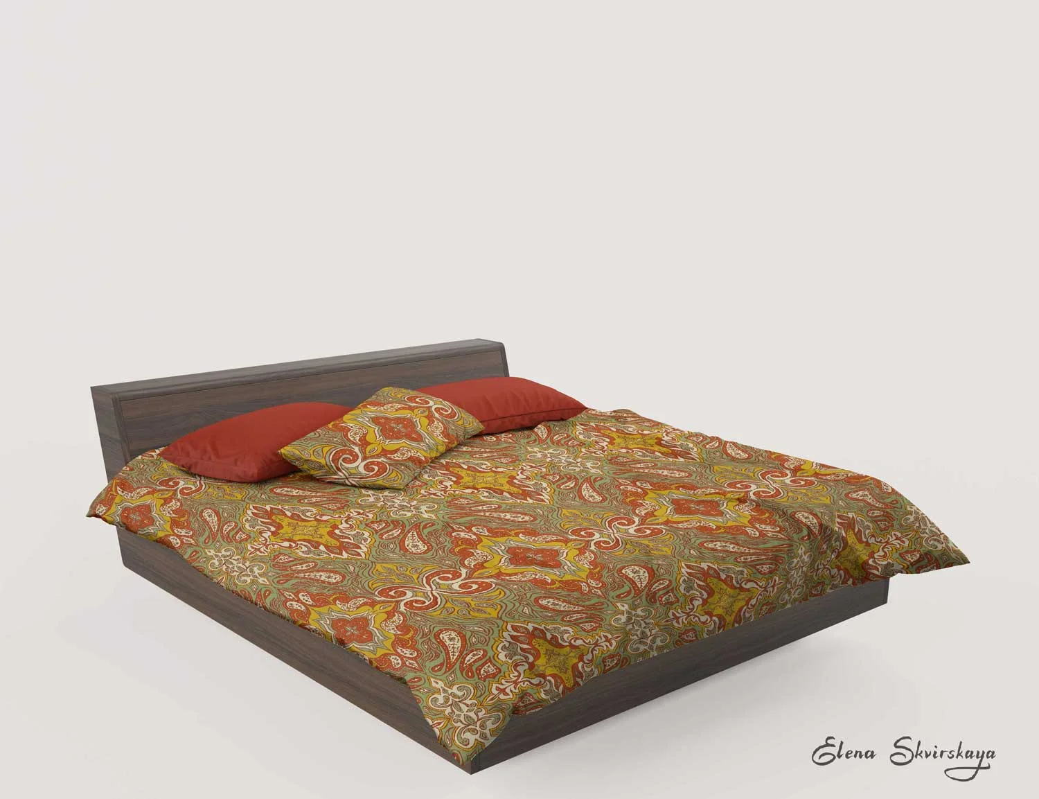 globally inspired ornamental design on bed sheets, mock up, boho bedroom