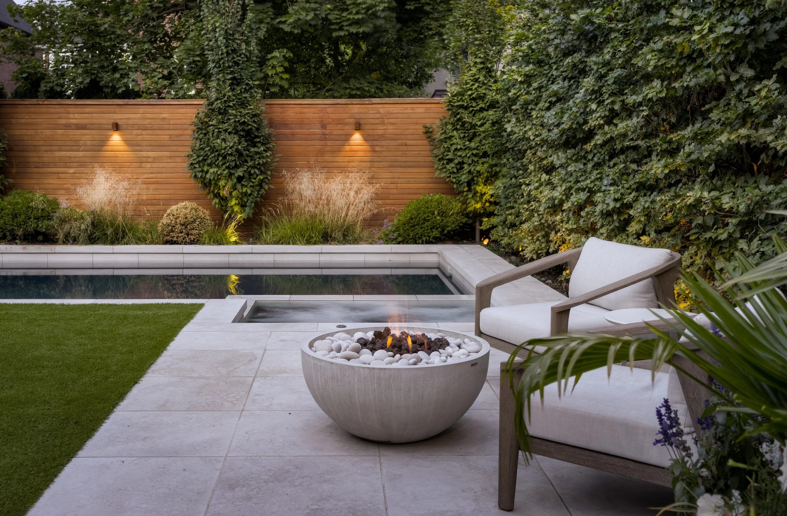 Toronto - Fence Planting - Poolside, Beech Hedge, Ornamental lighting.jpg