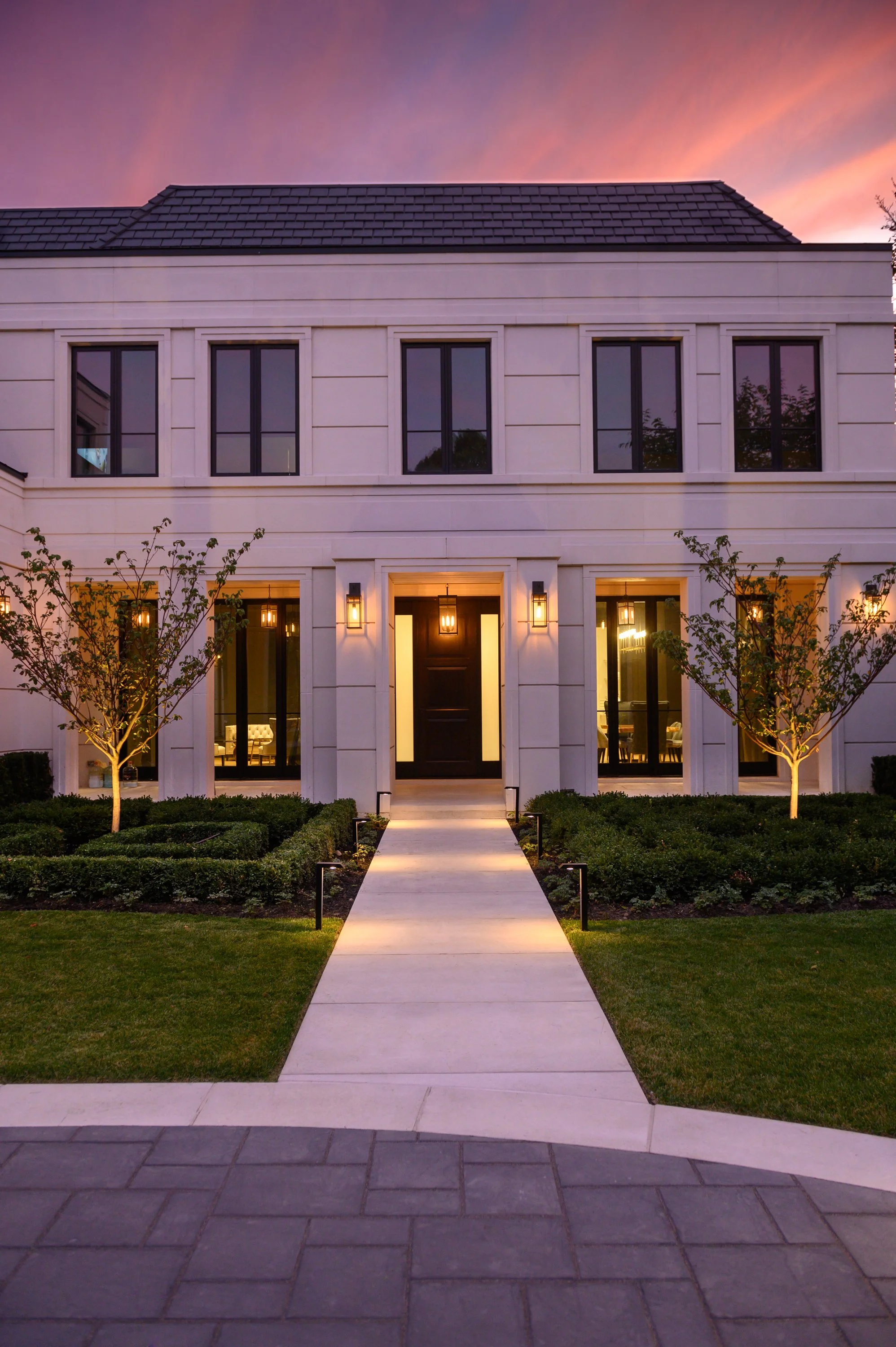Bridal Path - Front Entrance - Landscape Lighting, Boxwood, London Plane Specimen Tree.jpg