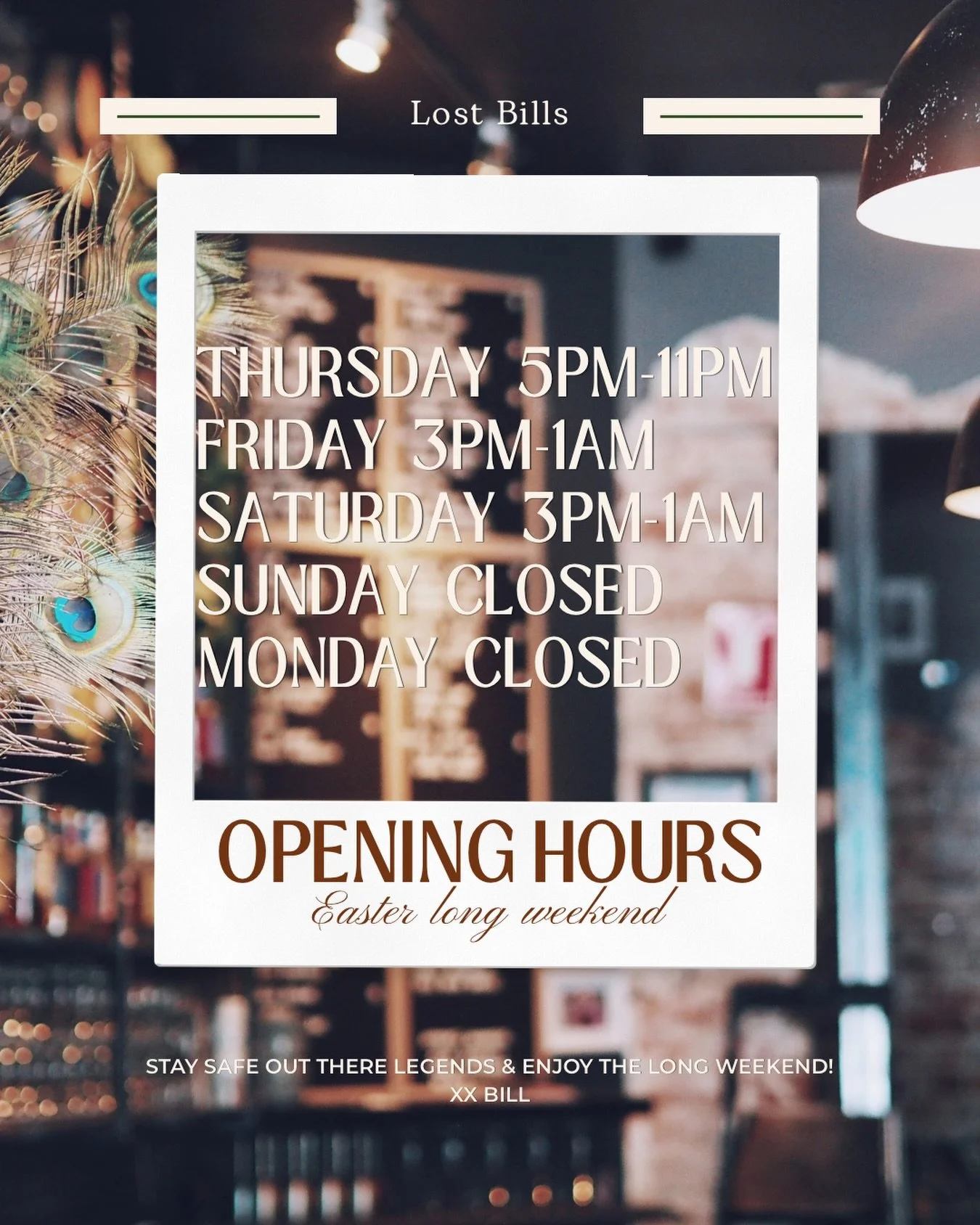 For all you legends keepin it local or those making Bunbury your long weekend destination, we&rsquo;ll be servin up cocktails &amp; good vibes as usual this weekend! 🤩🐰

#lostbills #comegetlost