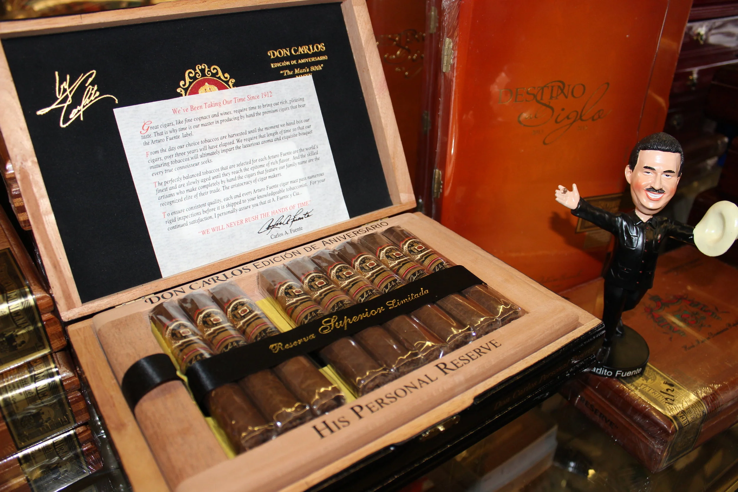 The Fuente Don Carlos Personal Reserve, the Man's 80th: ”Don Carlos Fuente Sr. has always smoked a cigar made just for him at his factory. In 2015, to celebrate the 80th birthday of the patriarch, Tabacalera Fuente has released the private blend to …