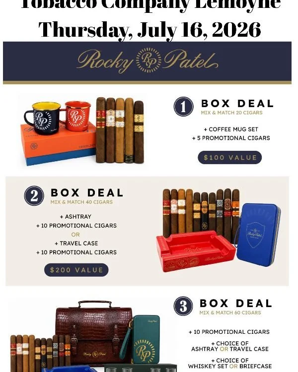 These are some of the best specials we've ever seen for our huge line-up of #RockyPatel Cigars!

Don't miss this event from 6-9 PM on Thursday, July 16, 2026, at our State Street Plaza, Lemoyne location. Our Rocky Patel rep, Phil, will be on hand to 