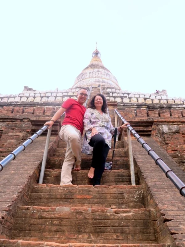 Climbing the steps to Shwesandaw Temple famous sunset spot. Busy but great atmosphere. 