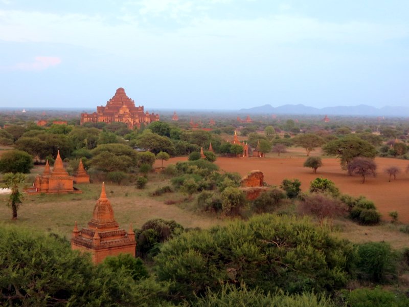 Looking back at sunset at the temples bathed in the glow of the last minutes of daylight
