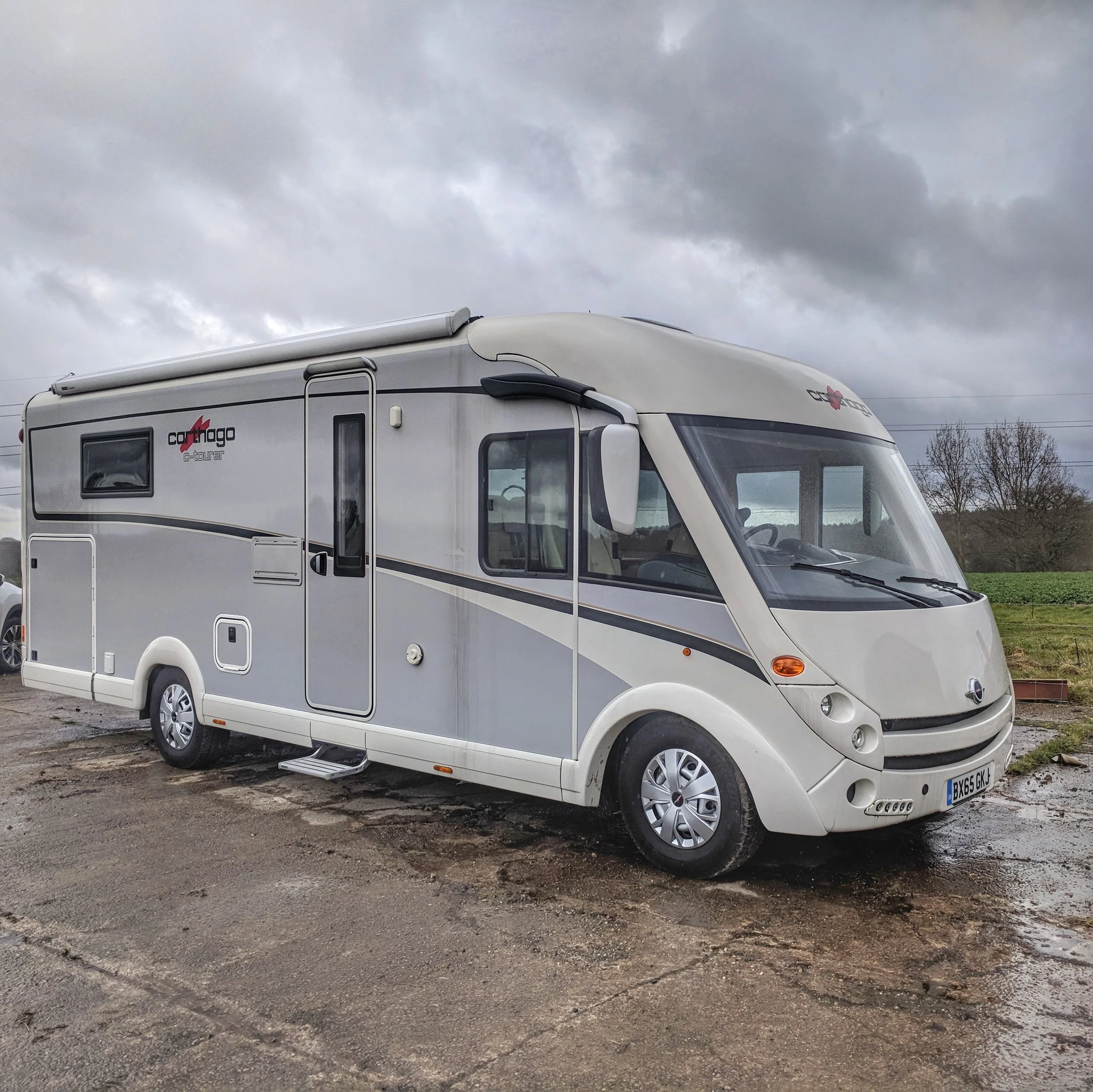 Our first look at the Carthago, a grey, rainy day. Not love at first sight. 
