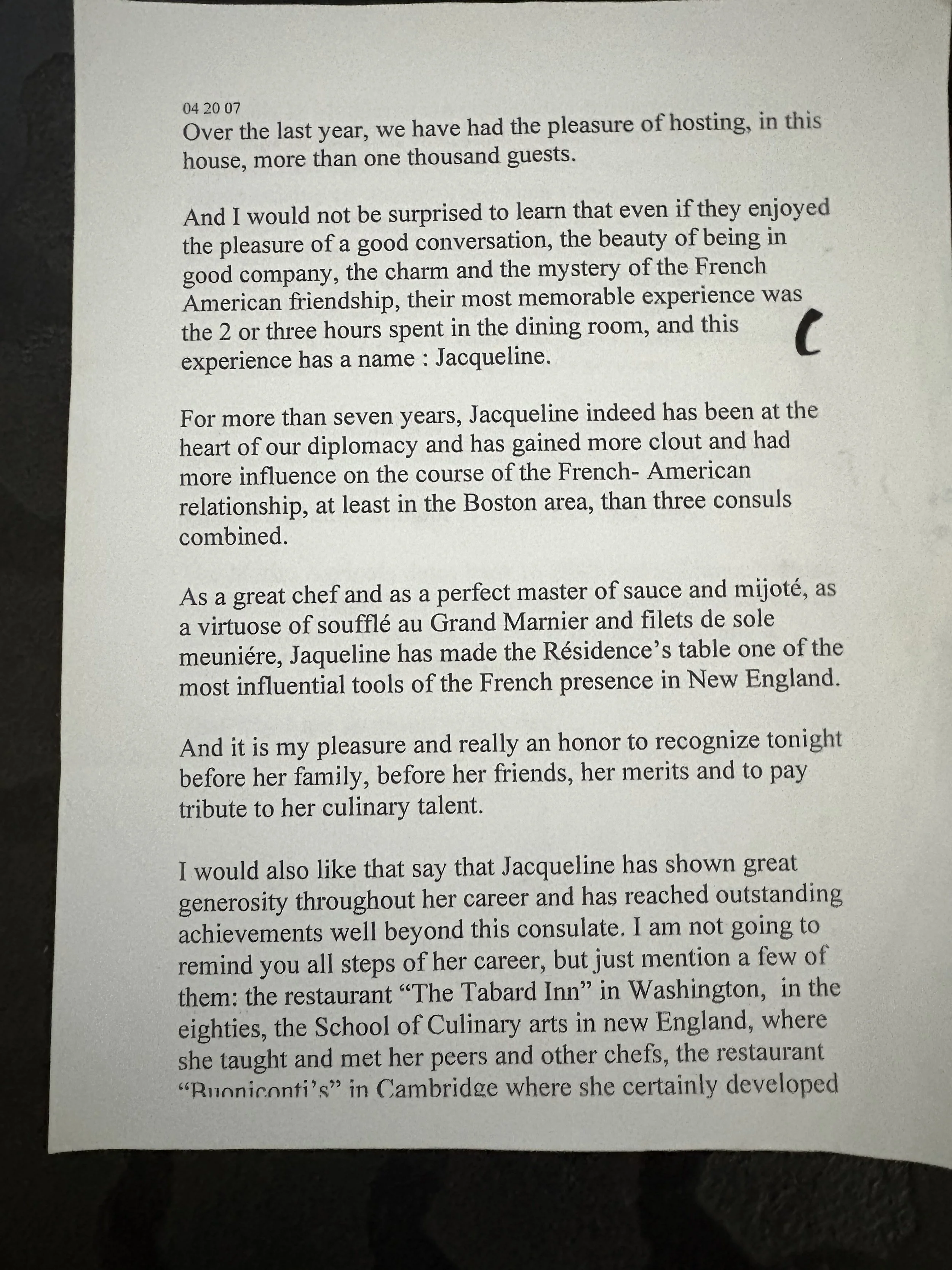 2007 speech from M. Gauthier regarding Jacqueline's culinary influence
