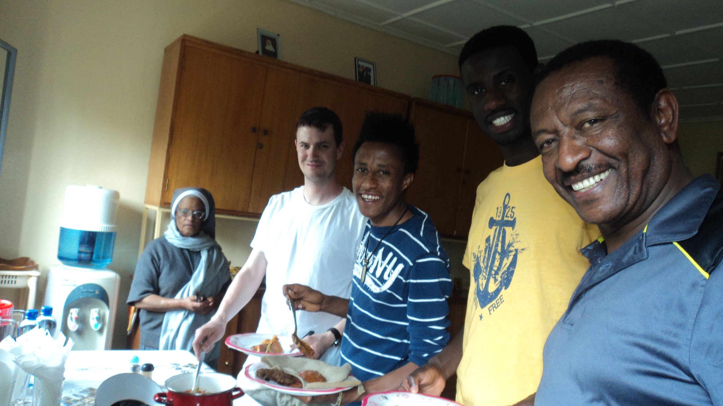 Gecho, Meskelu, Tilahun, Kyle and one of the nuns who helps to run Bucama Health Clinic (right to left). The sisters hosted us at their compound for a lovely lunch and coffee ceremony when we visited the clinic to speak with some of the prolapsed surgery recipients.