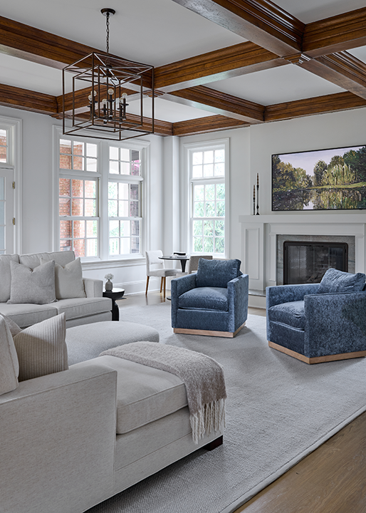 Living room furnishings in luxury Summit NJ renovation with beams.png