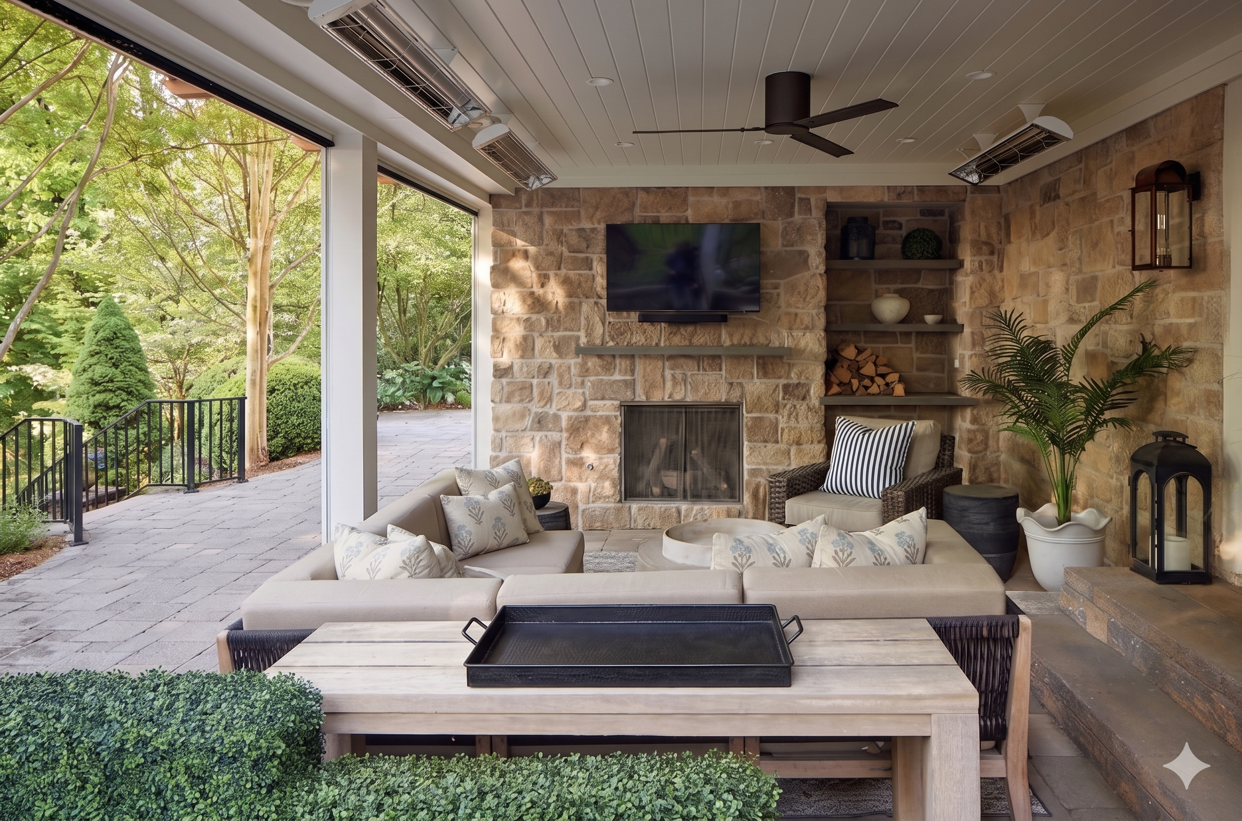 Covered patio with heaters stone wall and fireplace in luxury Mountainside NJ home renovation.png