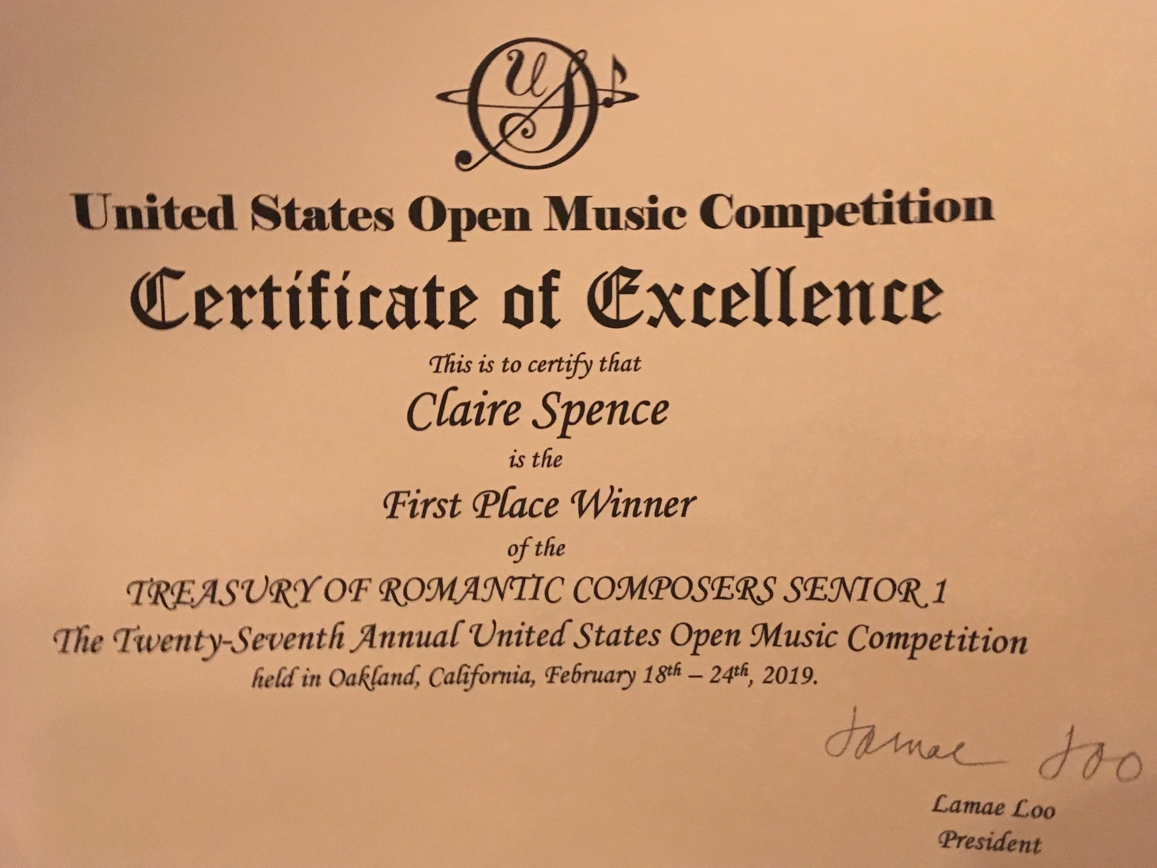 US Open Competition 1st Place Certificate