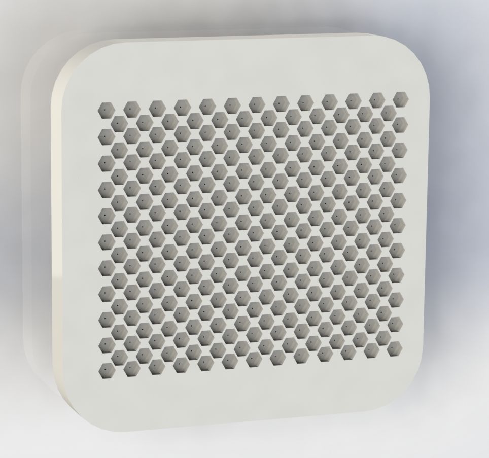 A SolidWorks rendition of the dimpled surfaces. Dimpled areas (gray) are super-hydrophobic while the outer (white) area is hydrophilic.