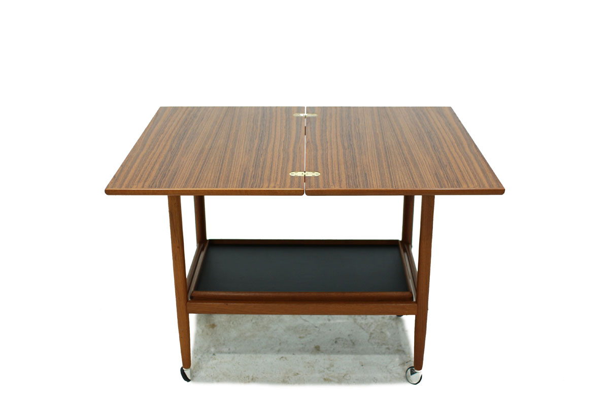 Danish Mid Century Modern Rolling Teak Wood Serving Bar Cart with Expandable Top by Designer Grete Jalk