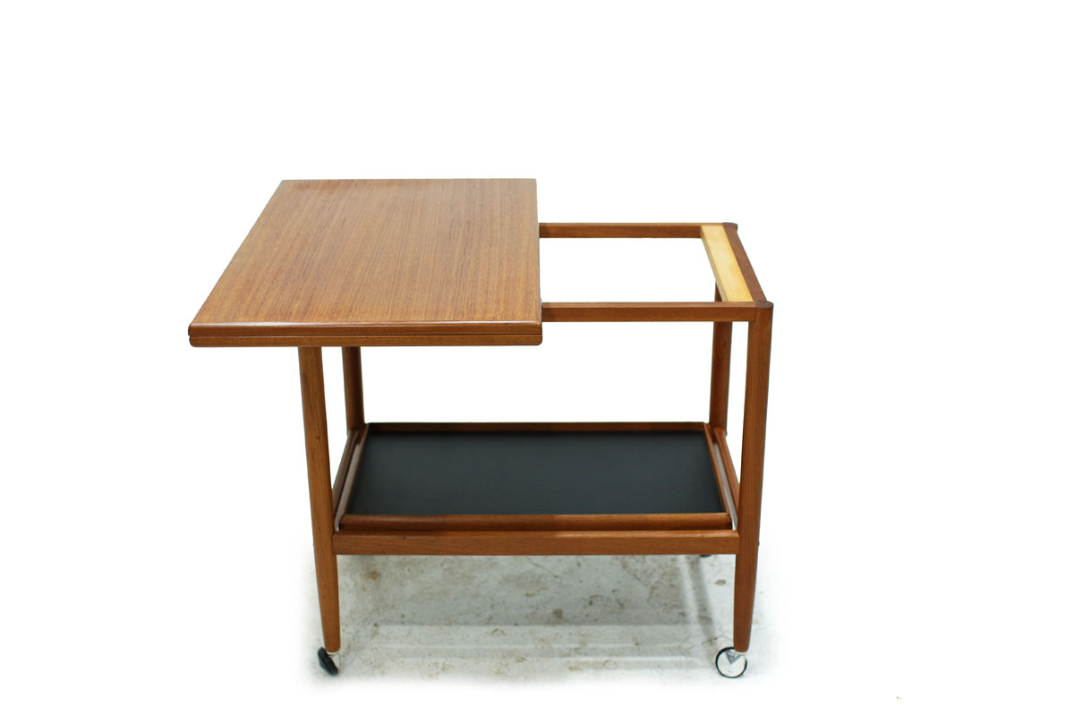 Danish Mid Century Modern Rolling Teak Wood Serving Bar Cart with Expandable Top by Designer Grete Jalk