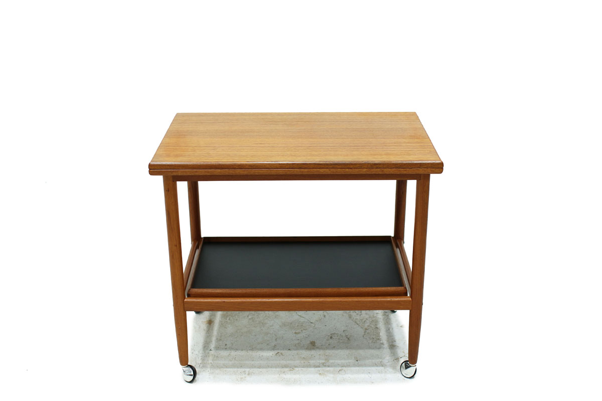 Danish Mid Century Modern Rolling Teak Wood Serving Bar Cart with Expandable Top by Designer Grete Jalk
