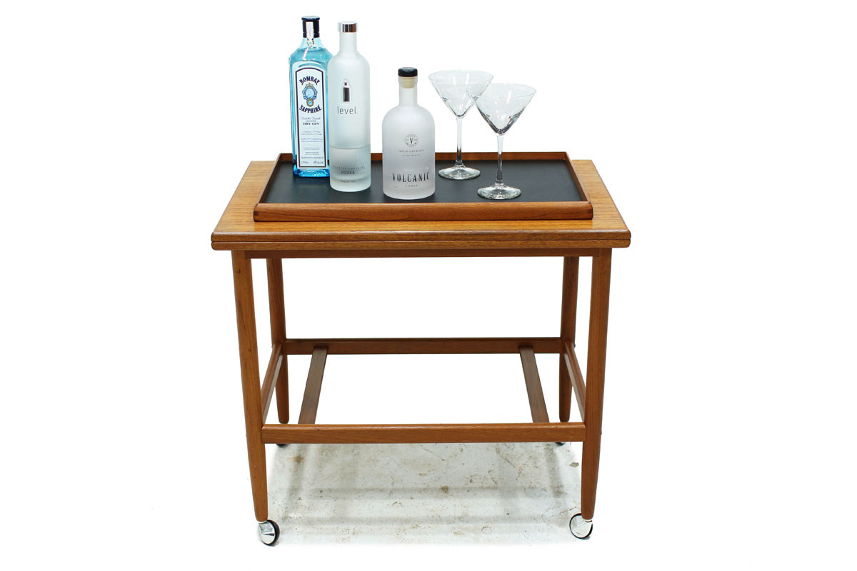 Danish Mid Century Modern Rolling Teak Wood Serving Bar Cart with Expandable Top by Designer Grete Jalk