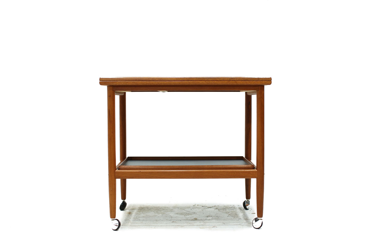 Danish Mid Century Modern Rolling Teak Wood Serving Bar Cart with Expandable Top by Designer Grete Jalk
