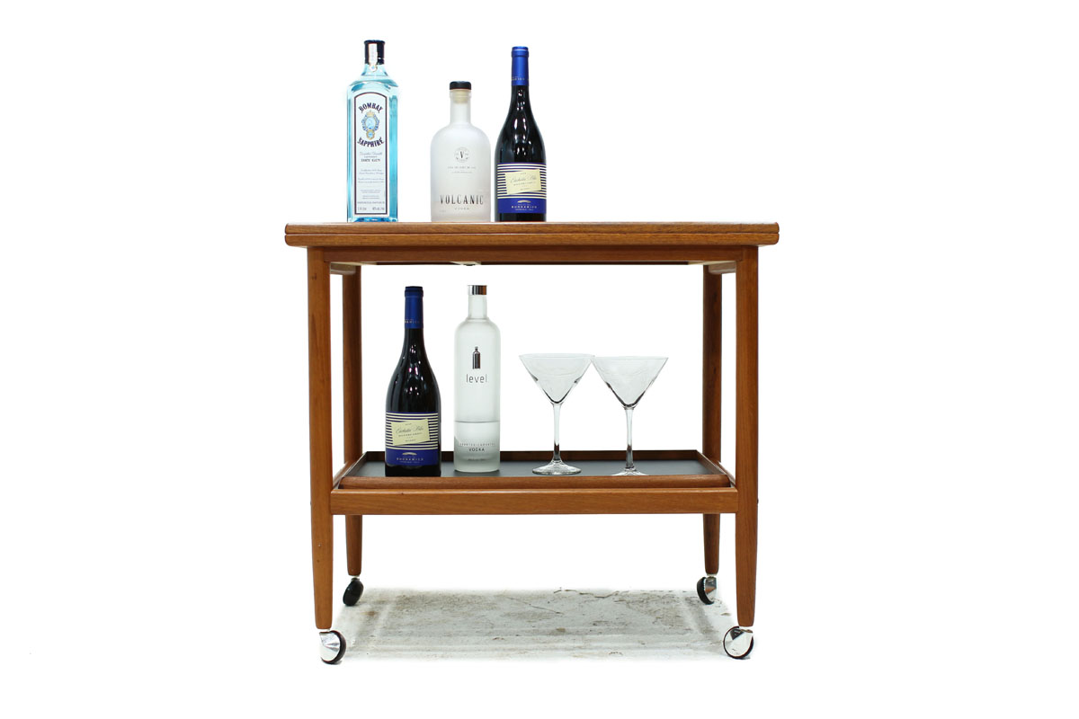 Danish Mid Century Modern Rolling Teak Wood Serving Bar Cart with Expandable Top by Designer Grete Jalk