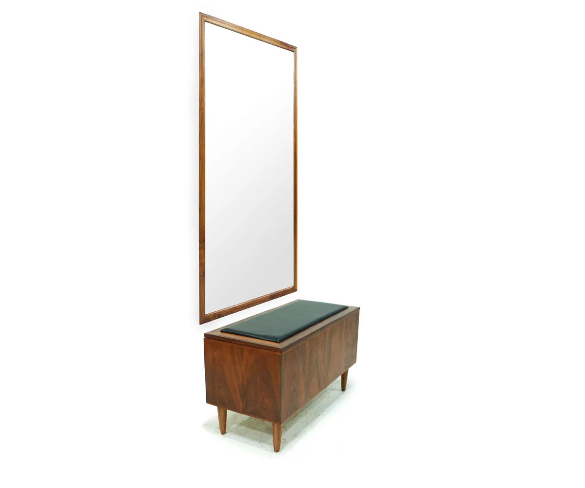 MCM Walnut Wood and Black Vinyl Hallway Storage / Shoe Bench with Hanging Mirror and Tapered Legs
