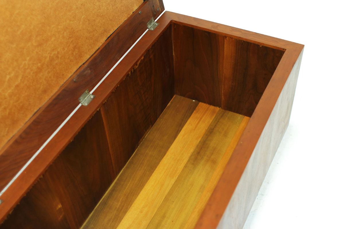 MCM Walnut Wood and Black Vinyl Hallway Storage / Shoe Bench with Hanging Mirror and Tapered Legs