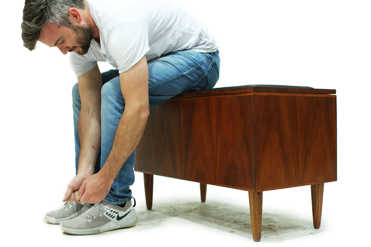 MCM Walnut Wood and Black Vinyl Hallway Storage / Shoe Bench with Hanging Mirror and Tapered Legs