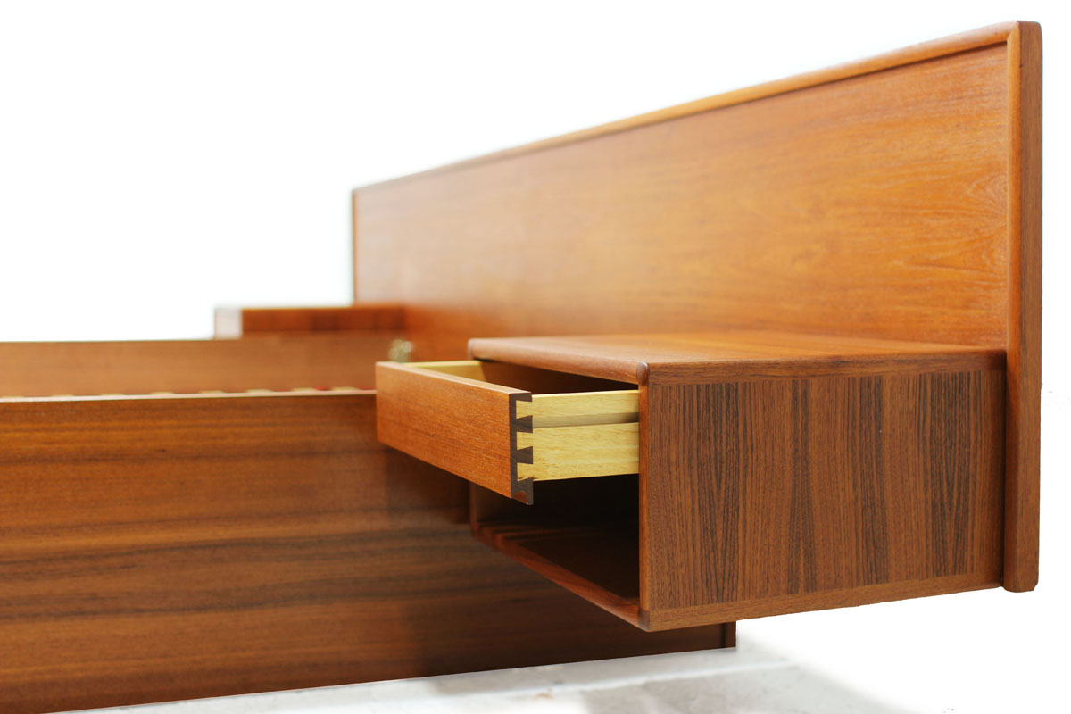 Mid Century Modern Danish Teak wood Queen Size Platform Slat Bed with 2 Single Drawer Nightstands Made in Denmark