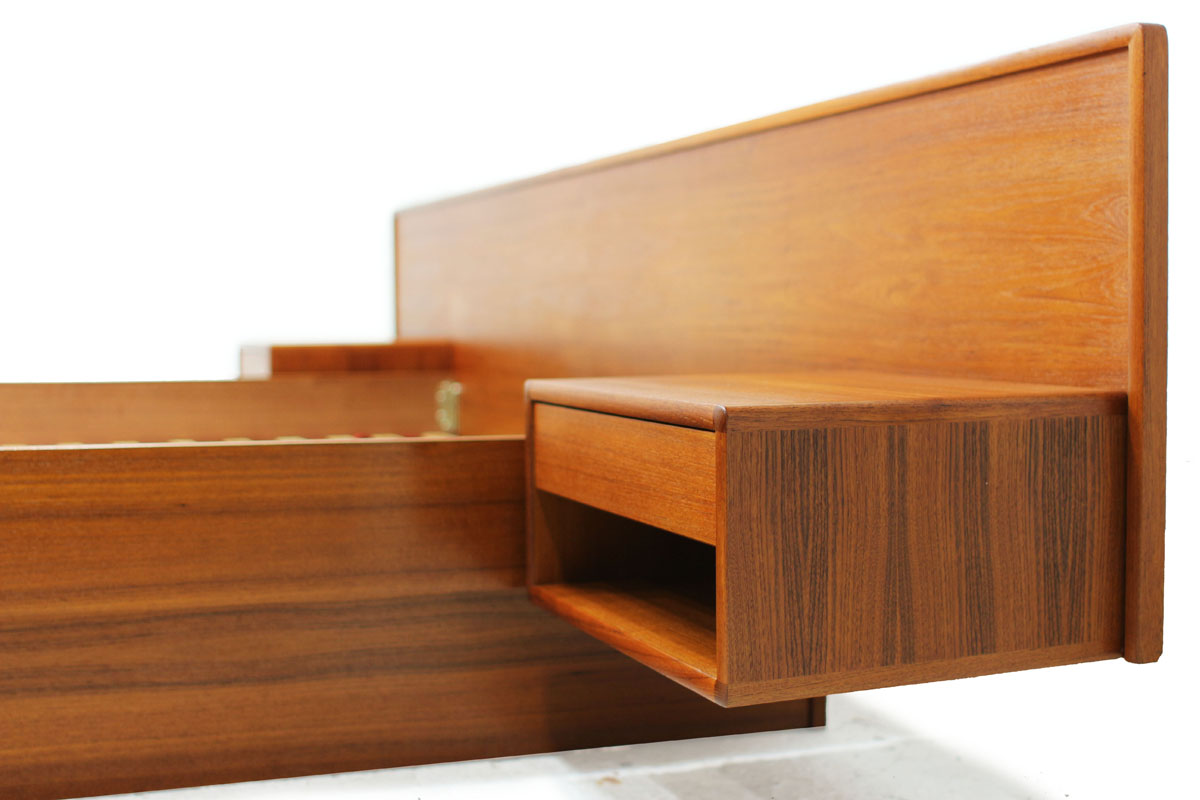 Mid Century Modern Danish Teak wood Queen Size Platform Slat Bed with 2 Single Drawer Nightstands Made in Denmark