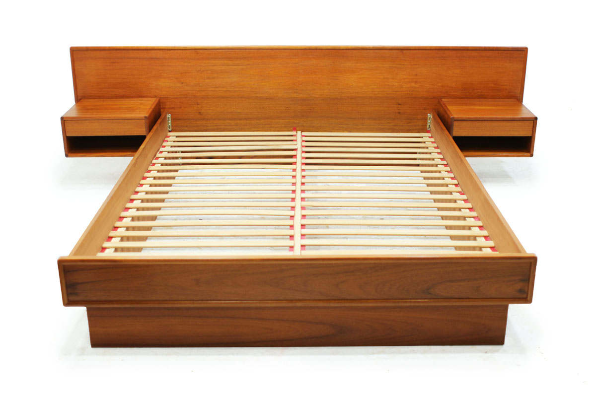 Mid Century Modern Danish Teak wood Queen Size Platform Slat Bed with 2 Single Drawer Nightstands Made in Denmark