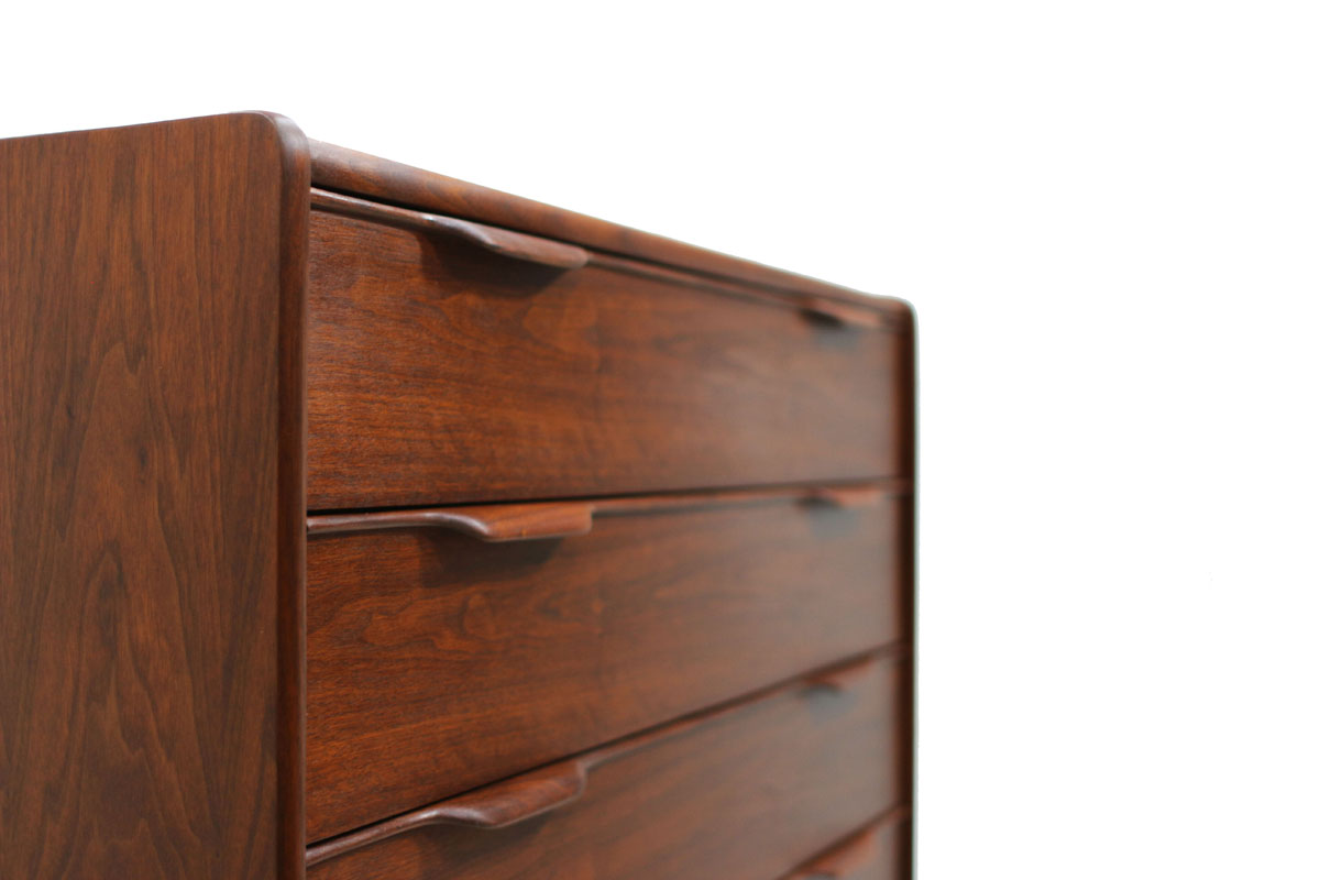 MCM Walnut Wood 6 Drawer Upright Tallboy Dresser with tapered legs and elegant pull handles