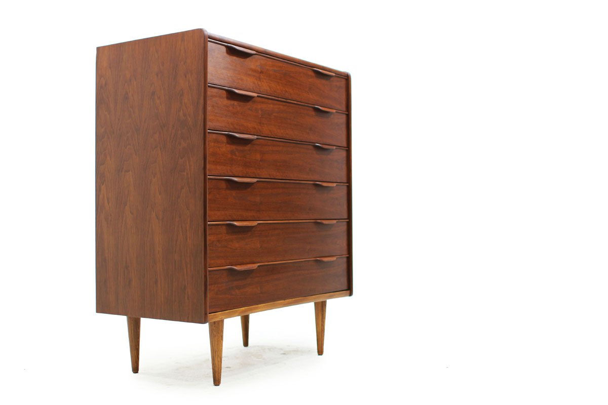 MCM Walnut Wood 6 Drawer Upright Tallboy Dresser with tapered legs and elegant pull handles