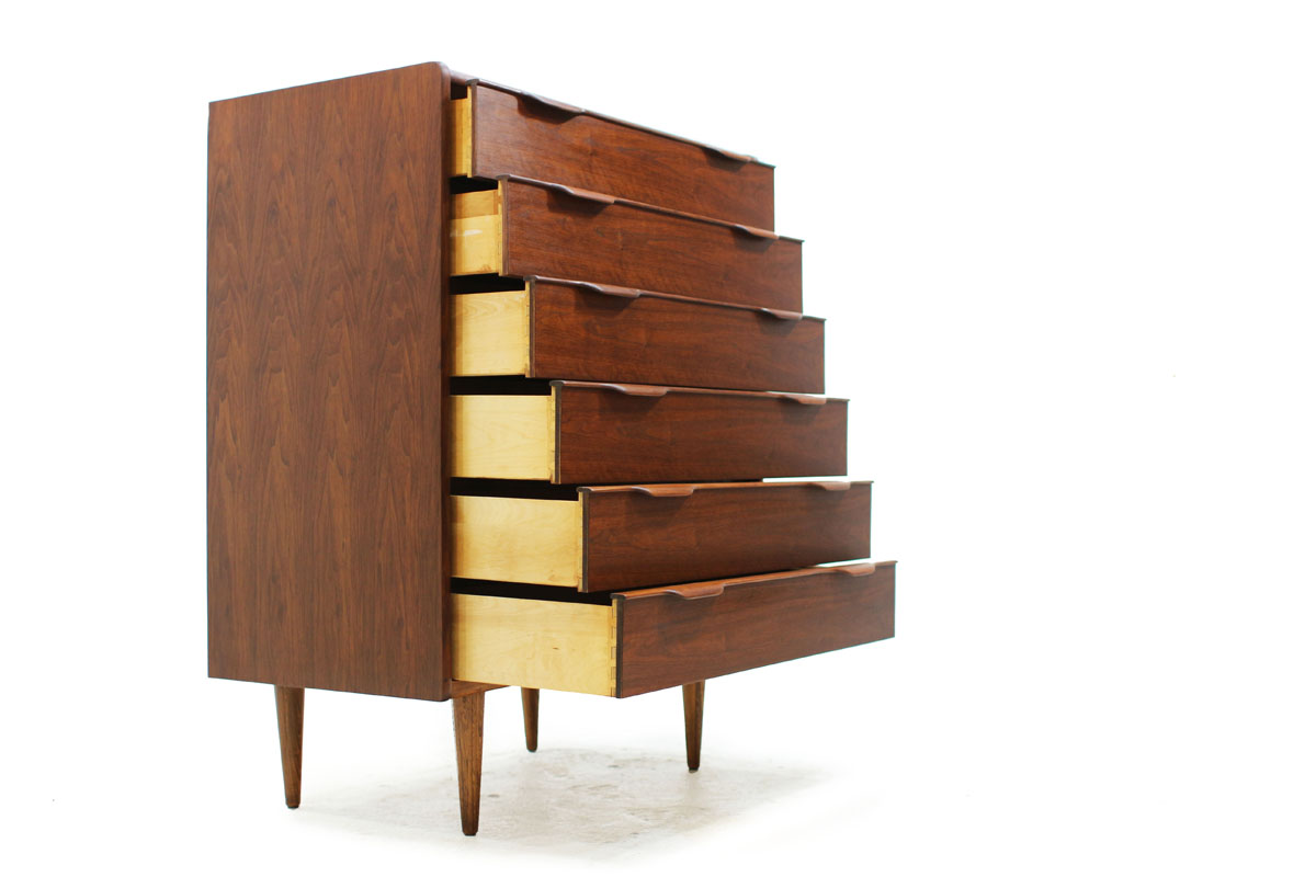 MCM Walnut Wood 6 Drawer Upright Tallboy Dresser with tapered legs and elegant pull handles