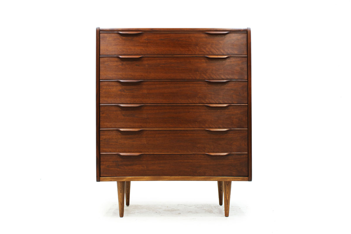 MCM Walnut Wood 6 Drawer Upright Tallboy Dresser with tapered legs and elegant pull handles