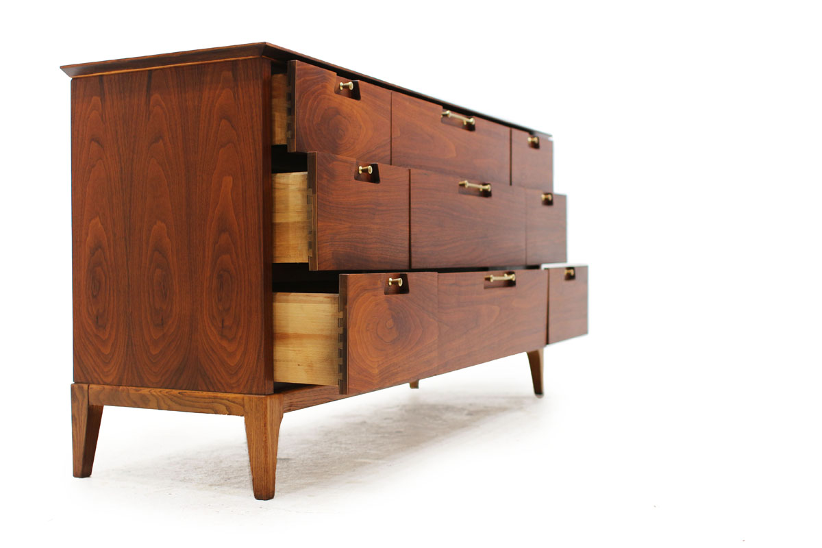 Mid-Century Modern Walnut Wood 9 Drawer Clothes Dresser with Golden Handles