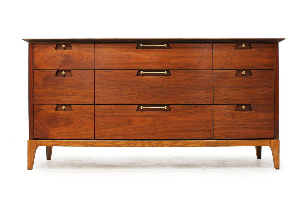 Mid-Century Modern Walnut Wood 9 Drawer Clothes Dresser with Golden Handles