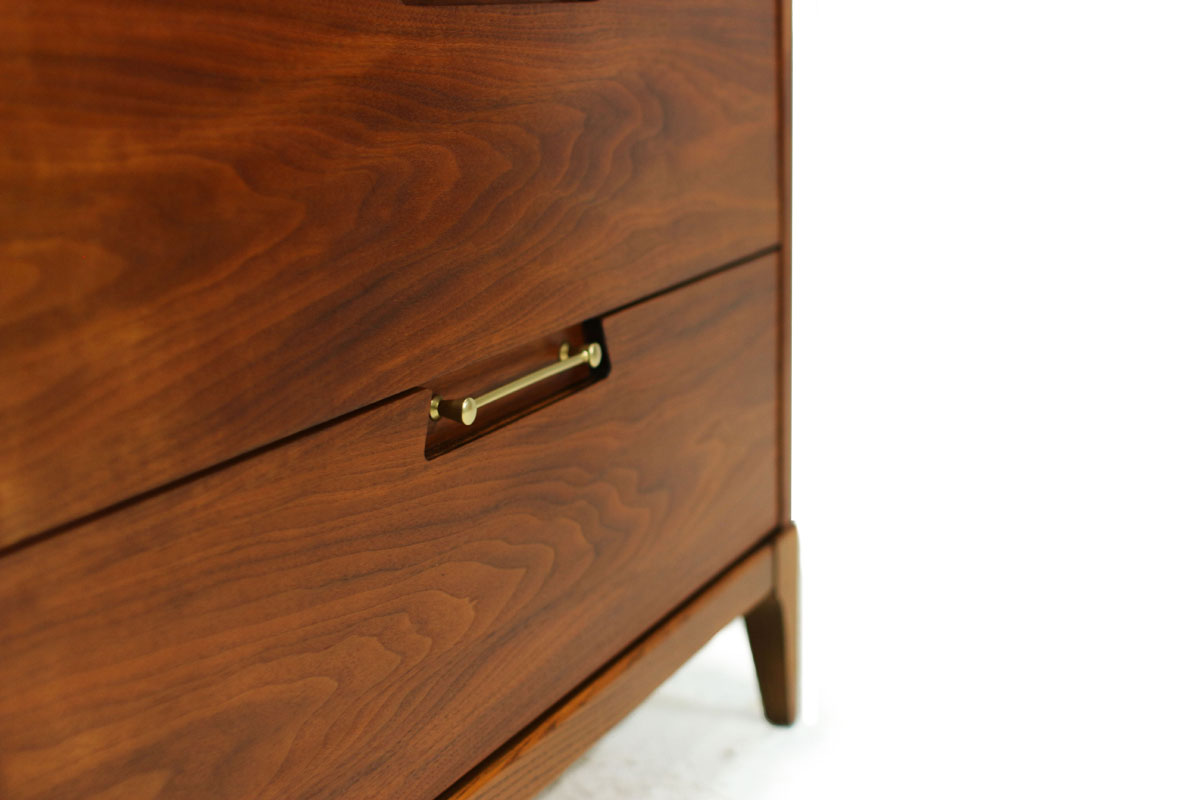 Mid-Century Modern Walnut Wood 4 Drawer Upright Tallboy Dresser with Beautiful Gold Handles