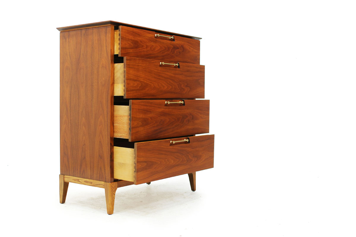 Mid-Century Modern Walnut Wood 4 Drawer Upright Tallboy Dresser with Beautiful Gold Handles