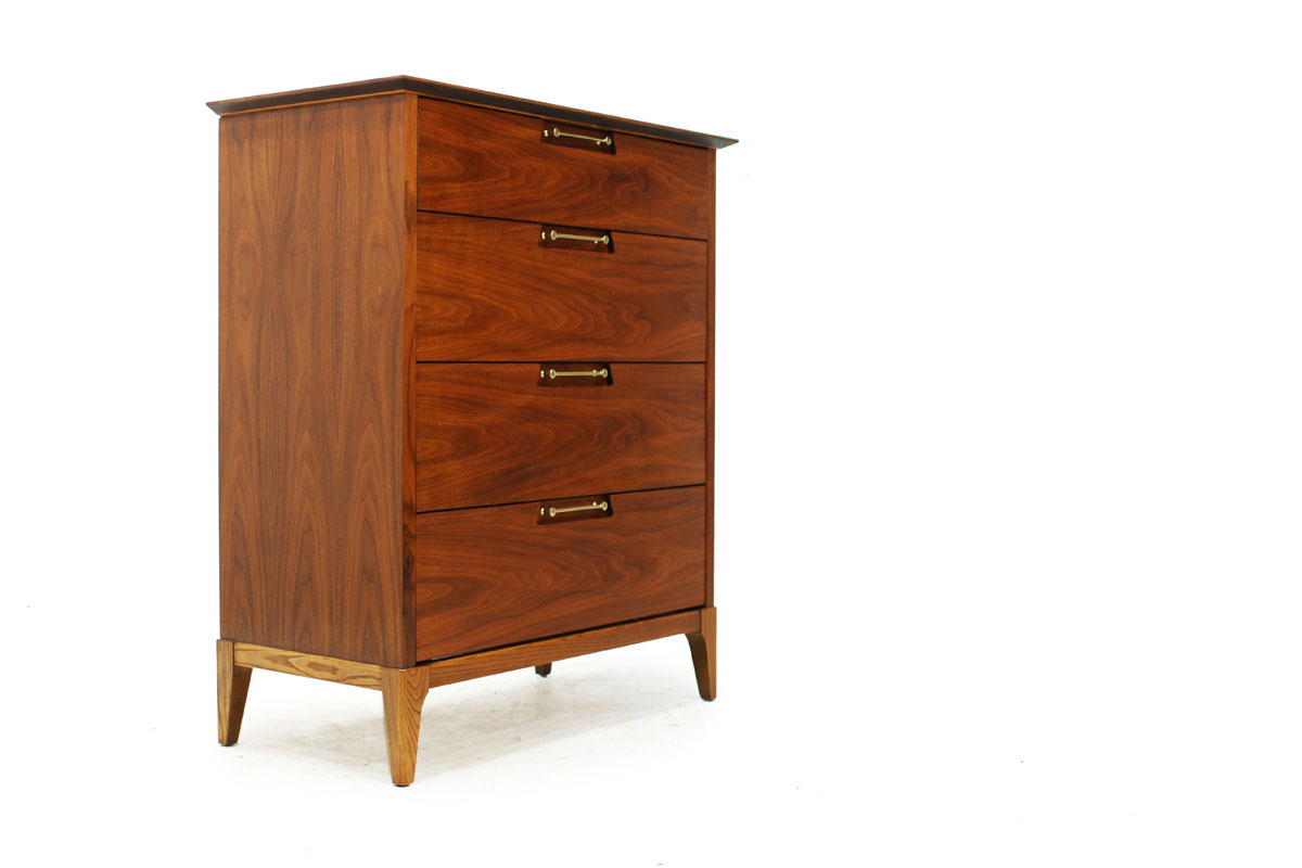 Mid-Century Modern Walnut Wood 4 Drawer Upright Tallboy Dresser with Beautiful Gold Handles