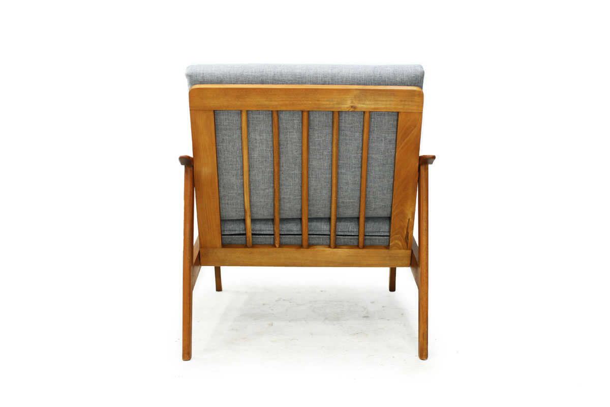 Mid Century Modern Danish solid wood frame Lounge Chair with sculpted armrests and Gray Cushions