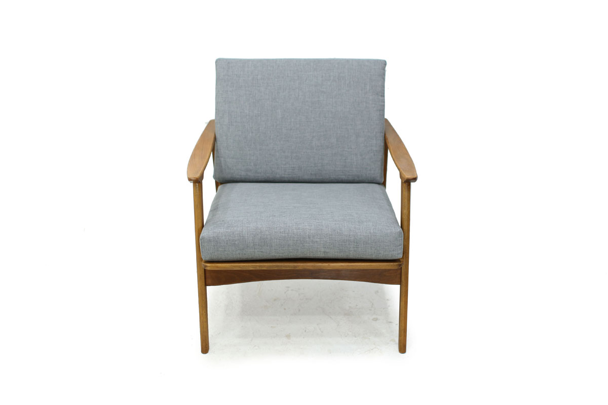 Mid Century Modern Danish solid wood frame Lounge Chair with sculpted armrests and Gray Cushions
