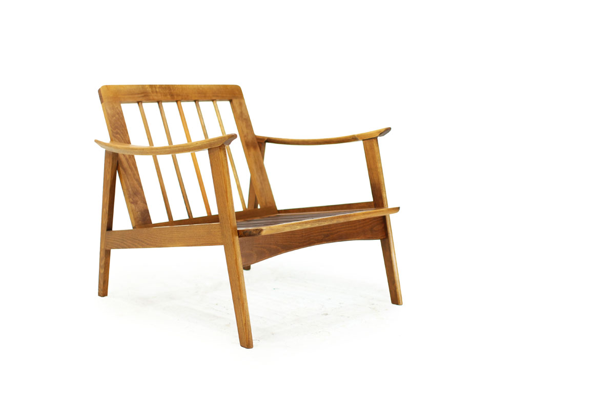 Mid Century Modern Danish solid wood frame Lounge Chair with sculpted armrests and Gray Cushions