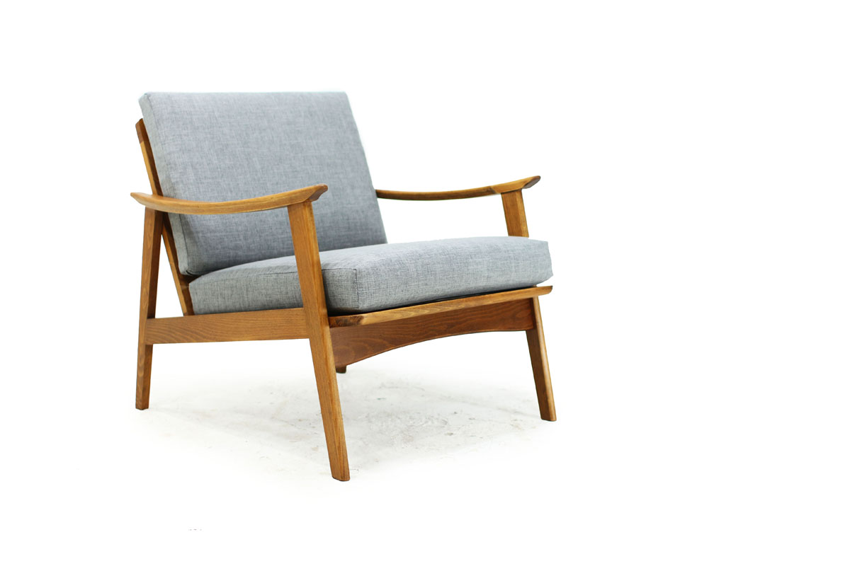 Mid Century Modern Danish solid wood frame Lounge Chair with sculpted armrests and Gray Cushions