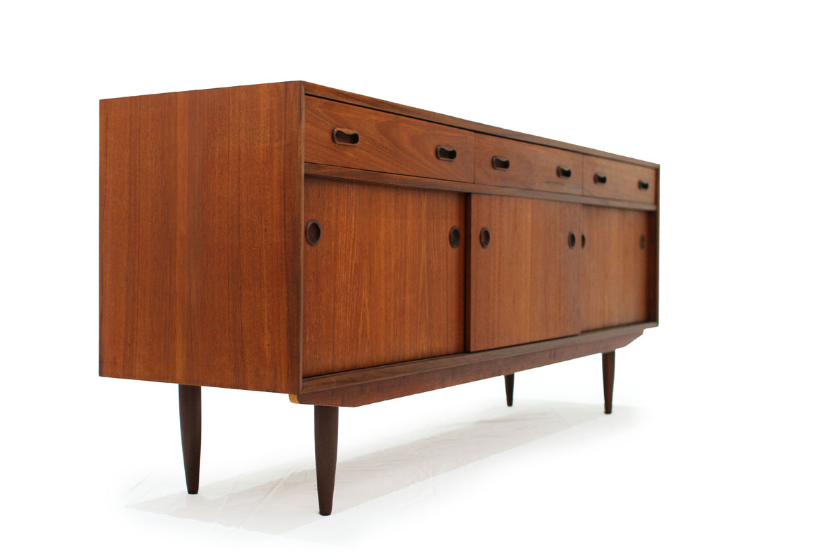 1960's Mid Century Modern 3 Door 3 Drawer Teak wood Credenza / Sideboard with Circle Handles and lots of storage