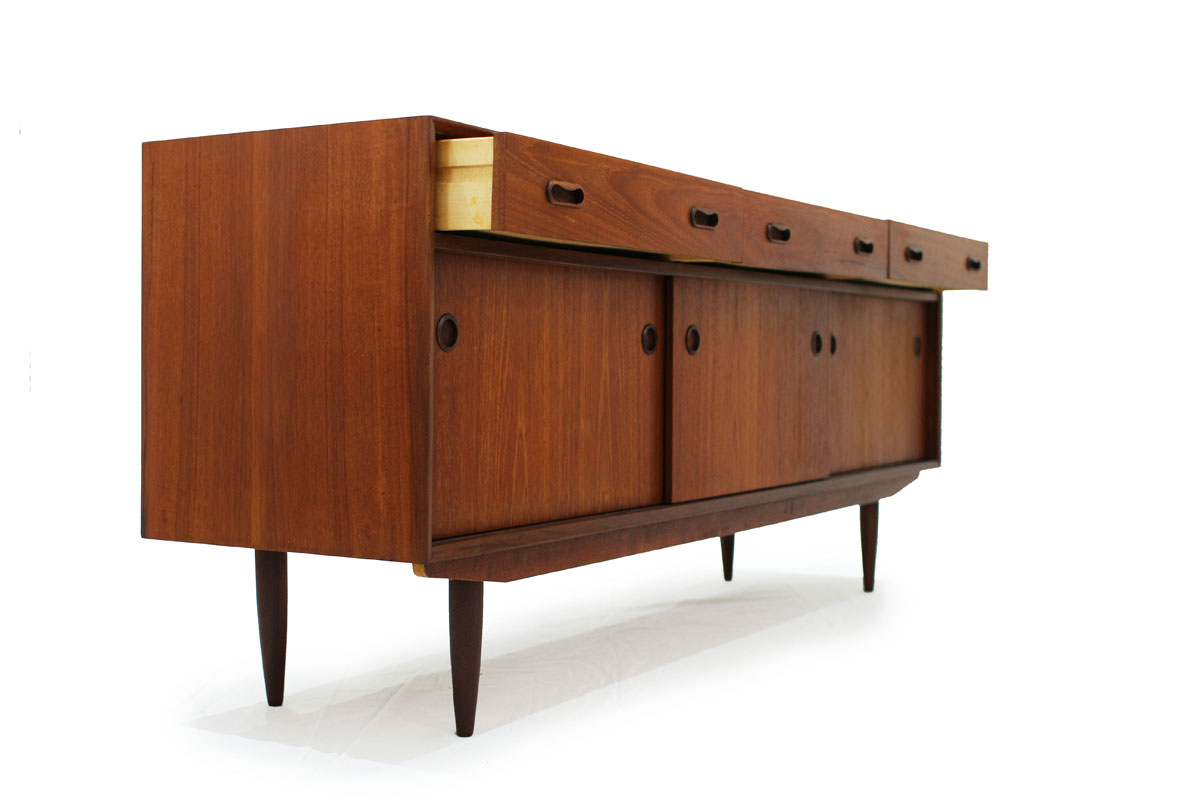 1960's Mid Century Modern 3 Door 3 Drawer Teak wood Credenza / Sideboard with Circle Handles and lots of storage