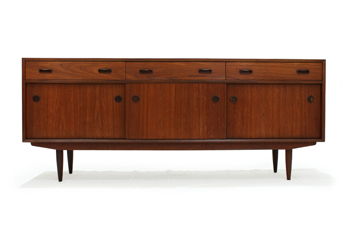 1960's Mid Century Modern 3 Door 3 Drawer Teak wood Credenza / Sideboard with Circle Handles and lots of storage