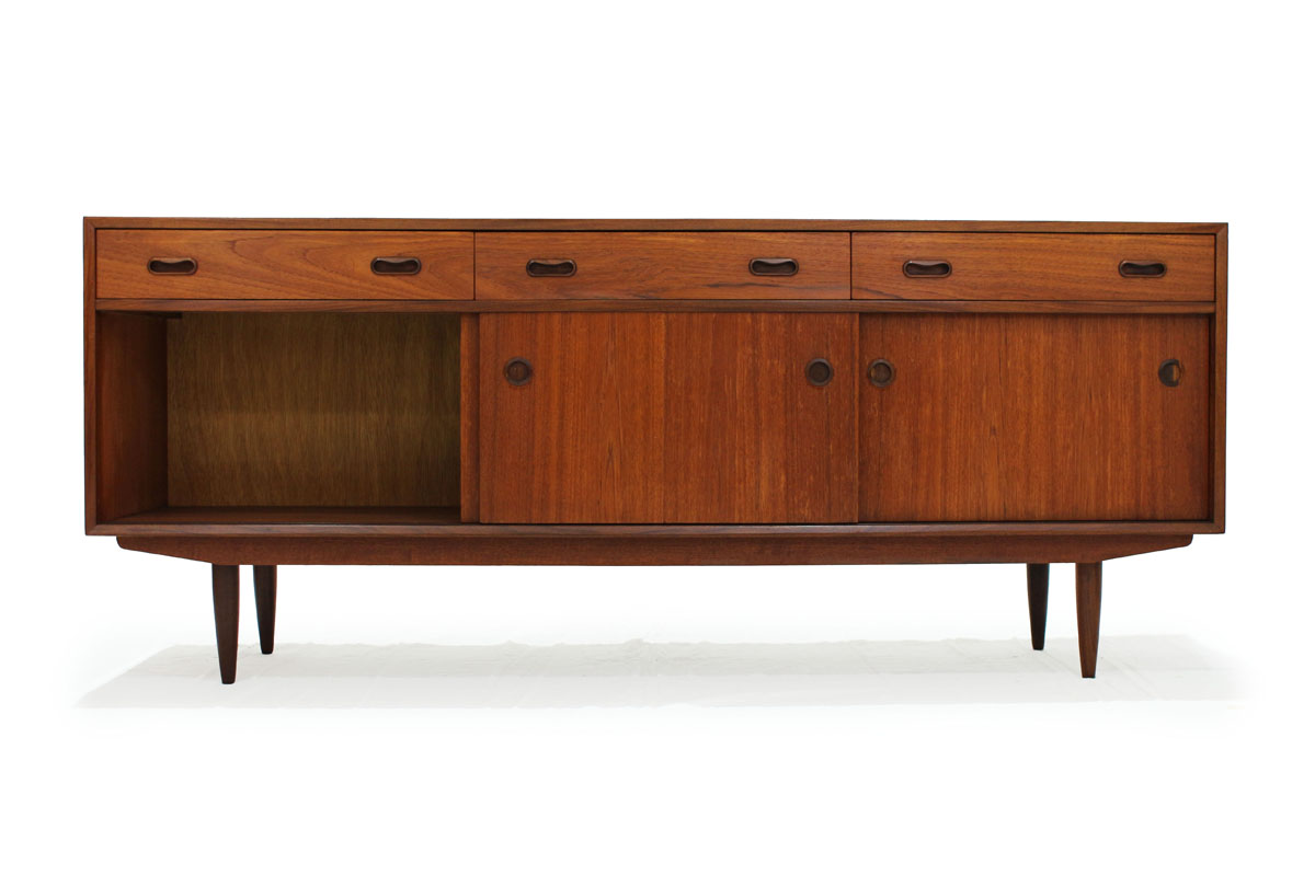 1960's Mid Century Modern 3 Door 3 Drawer Teak wood Credenza / Sideboard with Circle Handles and lots of storage