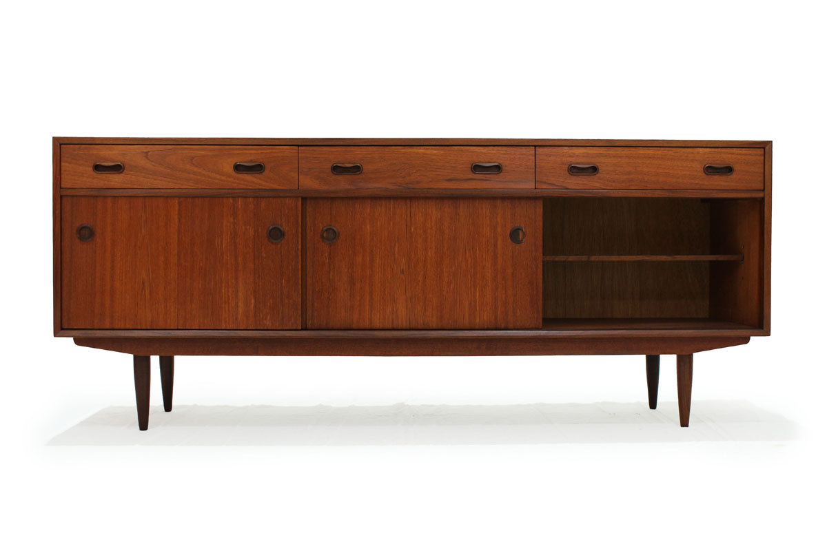 1960's Mid Century Modern 3 Door 3 Drawer Teak wood Credenza / Sideboard with Circle Handles and lots of storage