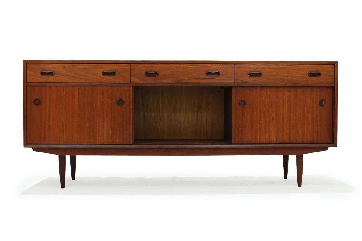 1960's Mid Century Modern 3 Door 3 Drawer Teak wood Credenza / Sideboard with Circle Handles and lots of storage