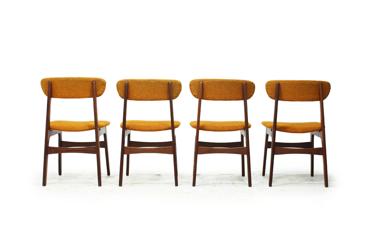 1960’s Canadian MCM Teak Wood set of 4 Dining Chairs with Original Yellow Fabric by R Huber & Co.