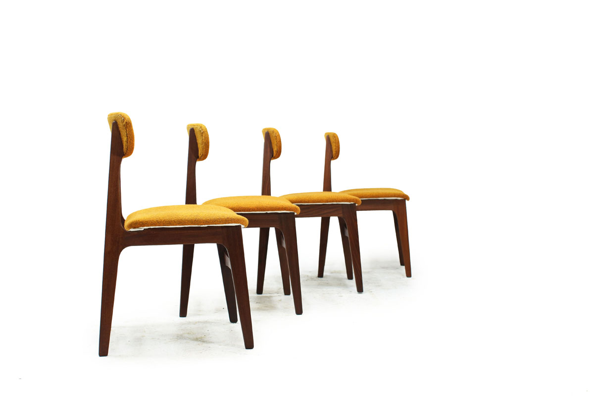 1960’s Canadian MCM Teak Wood set of 4 Dining Chairs with Original Yellow Fabric by R Huber & Co.