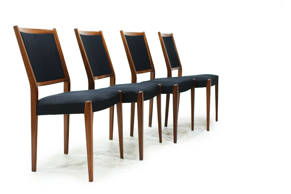Set of Four Mid Century Modern Comfy Swedish Dining Chairs with Black Fabric