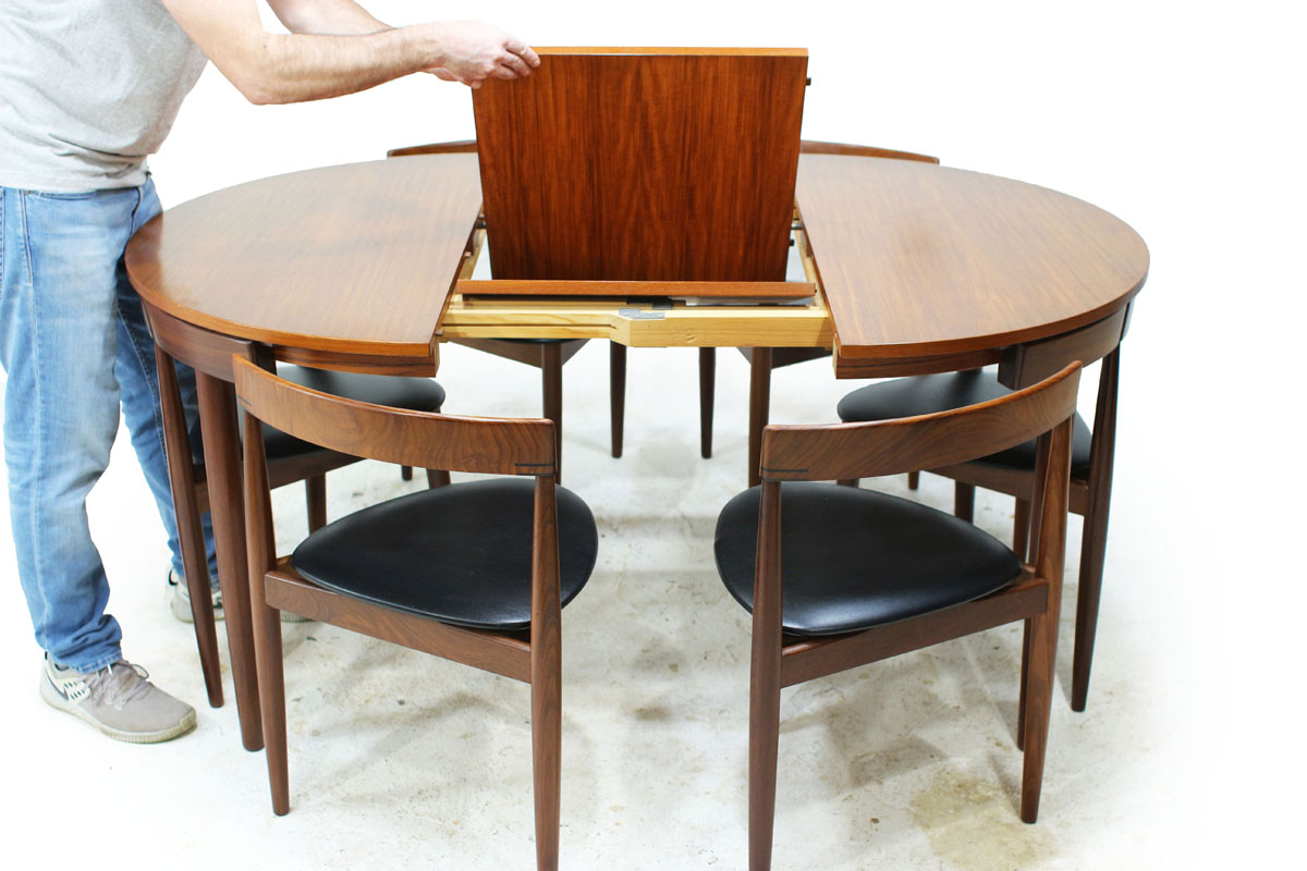 Danish Designer Hans Olsen Teakwood Mid Century Modern Nesting Dining Set with 6 Chairs with vinyl cushions